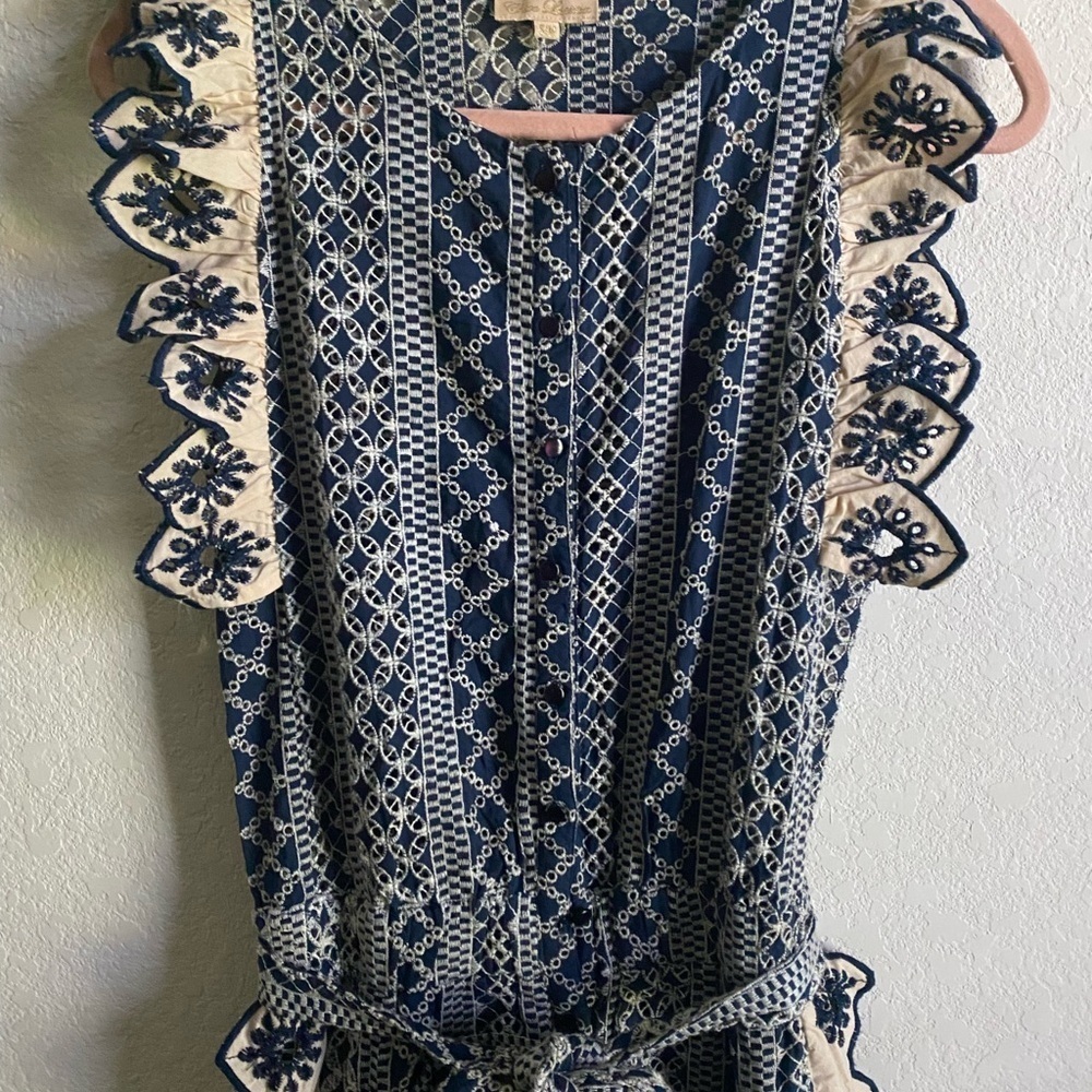Chloe Laetitia Ruffle Detail Embroidered Eyelet Blue Cream Belted Jumpsuit Sz S - Picture 7 of 16